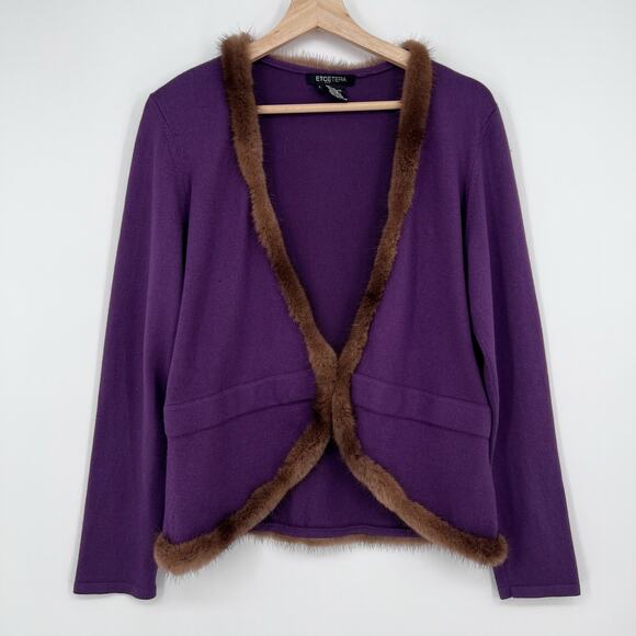 Etcetera Silk Cashmere Mink Trim Cardigan Womens Large Purple Brown Fur Sweater - Picture 1 of 11